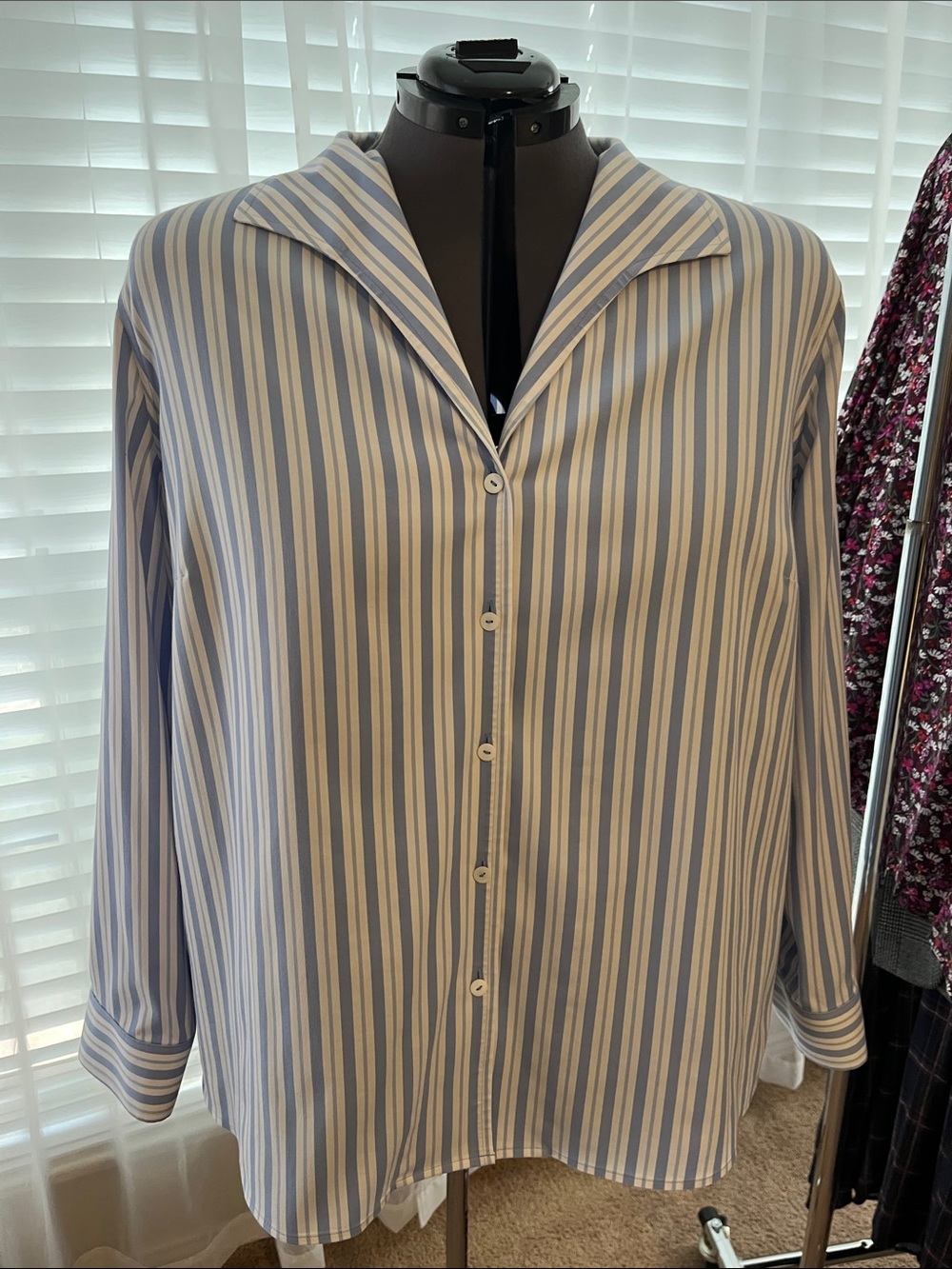 Foxcroft No Iron Blue and White Stripe Button-Down Shirt 24
